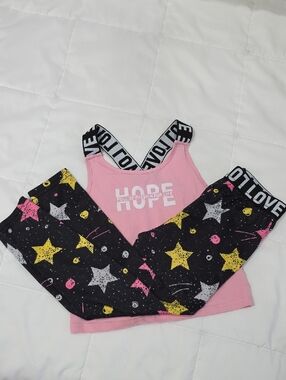 Girl's SHEIN Size 5yr Pink Athletic Tank Top and Black Star Print Leggings T9